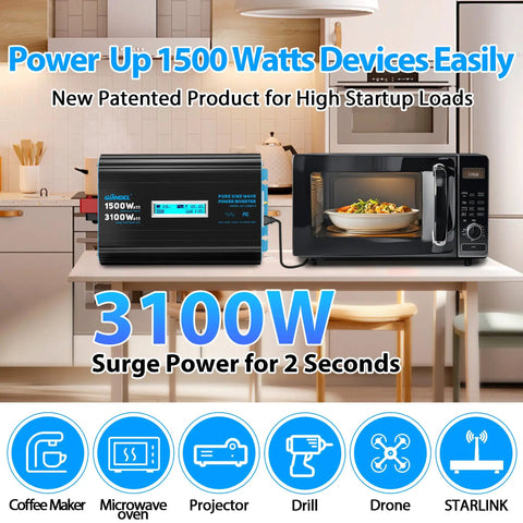 1500 Watt Pure Sine Wave Power Inverter Converts 12V DC To 120V AC With No Sweat Installation, shown in a kitchen by a microwave.