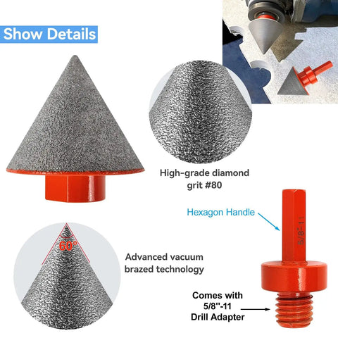 Pro Grade Diamond Chamfering And Countersink Drill Bit Set For Glass And Ceramic Tiles, 3 Piece Kit with threaded adapter