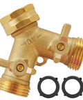 Heavy Duty Garden Hose Splitter 2 Way Brass Faucet Splitter For Dual Water Outlets Outdoor Hose Connector With Easy On Off Handles Weatherproof And Corrosion Resistant For High Pressure Use, brass body with 3/4 inch threads