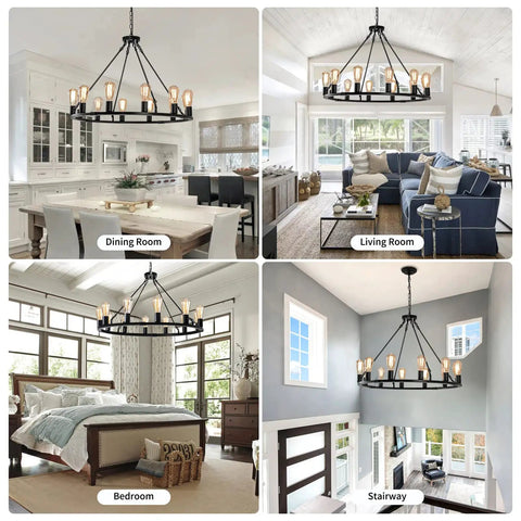 12 Light Black Wagon Wheel Chandelier For Dining Rooms And Kitchen Islands Dimmable Cozy Rustic Farmhouse Pendant Lighting installation in dining room, living room, bedroom, and stairway