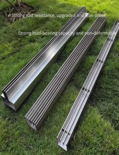 Stainless Steel Trench Drain System For Patios And Walkways, Waterproof Channel Drain Kit shown disassembled on grass
