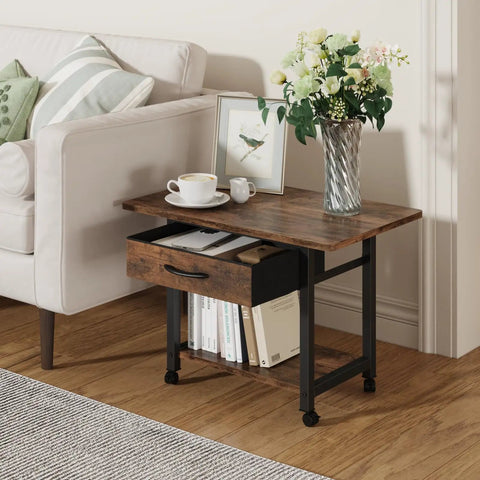 Living room with Large Printer Stand With Storage Drawer And Two Tier Under Desk Table For Home Office Fits Fax Machine 3D Printer.