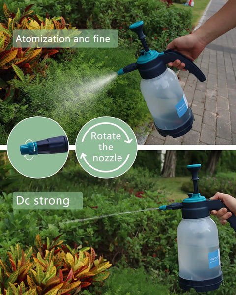Person using Half Gallon Garden Pump Sprayer With Extended Wand Handy Handheld Water Spray Unit Adjustable Nozzle For Lawn Care