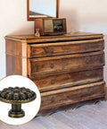 Eight Pack Antique Brass Drawer Knobs For Cabinets And Dressers, Vintage Solid Round Cabinet Knobs, Single Hole Hardware For Refinished Furniture, 1.18 Inch Diameter, Timeless Retro Charm on wooden dresser
