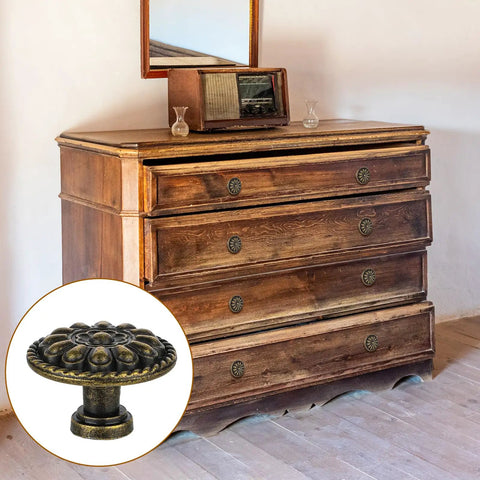 Eight Pack Antique Brass Drawer Knobs For Cabinets And Dressers, Vintage Solid Round Cabinet Knobs, Single Hole Hardware For Refinished Furniture, 1.18 Inch Diameter, Timeless Retro Charm on wooden dresser