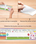 40 Pack Transparent Self Adhesive Nameplate Pockets 14.5 by 4.5 Inch for Desk Name Tags showing installation steps.