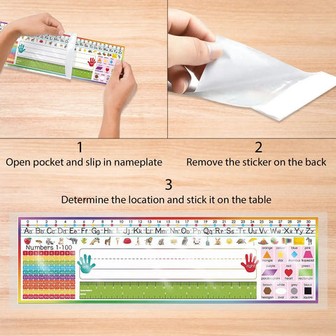 40 Pack Transparent Self Adhesive Nameplate Pockets 14.5 by 4.5 Inch for Desk Name Tags showing installation steps.