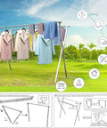 Premium Stainless Steel Clothes Drying Rack Adjustable Indoor Outdoor Length Folds Flat Saves Hella Space With Secure Windproof Hooks For Balcony Or Garage featuring coats and towels on a sunny lawn.