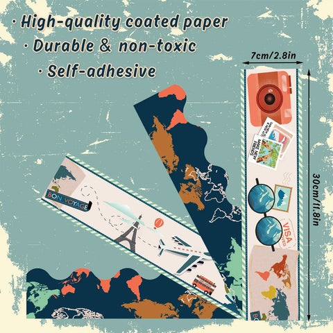 Travel World Map Bulletin Board Borders 70.8Ft Set Of 72 Pieces In Four Designs With Scalloped And Straight Rolled Border Trim