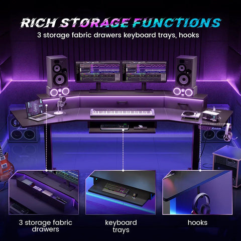 Dual monitor 79 Inch Electric Standing Gaming Desk With Drawers And LED Lights Height Adjustable Computer Desk for studio.