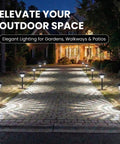Nighttime view of eight pack solar walkway lights with patterned glass and metal finish illuminating driveway.