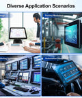 Various application scenarios for 17 Inch Capacitive Touchscreen Monitor With Ten Point Multi Touch in meetings, factories, and monitoring systems.
