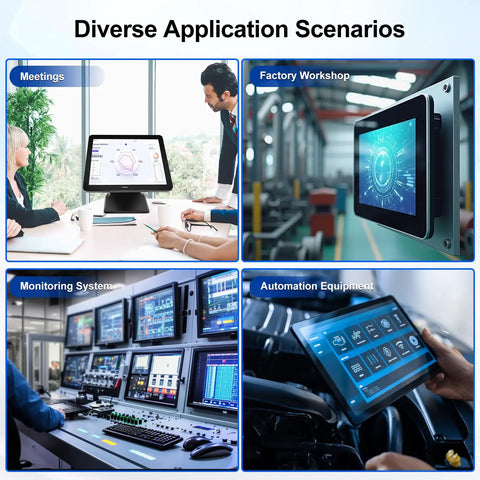 Various application scenarios for 17 Inch Capacitive Touchscreen Monitor With Ten Point Multi Touch in meetings, factories, and monitoring systems.