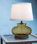 Casual Table Lamp With Amber Textured Glass Base And Cream Tapered Drum Shade For Cozy Ambient Glow Three Way Lighting On Nightstands End Tables Or Home Office Desks Compact 20.5 Inch Tall And 14.5 Inch Wide