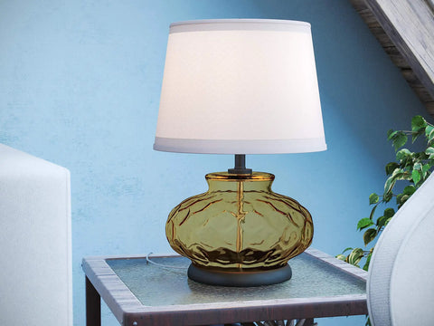 Casual Table Lamp With Amber Textured Glass Base And Cream Tapered Drum Shade For Cozy Ambient Glow Three Way Lighting On Nightstands End Tables Or Home Office Desks Compact 20.5 Inch Tall And 14.5 Inch Wide