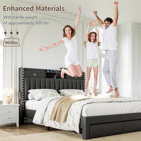 Top Shelf King Size Bed Frame With Four Sleek Rolling Storage Drawers And Wing Headboard In Charcoal Dark Grey with family jumping on bed.