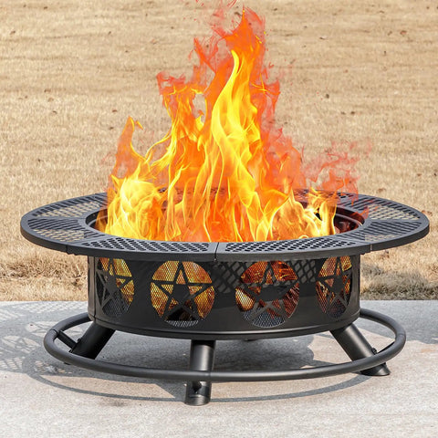 42 Inch 3 In 1 Fire Pit With Two Grills Lid And Tabletop Heavy Duty Outdoor Wood Burning Fire Pit showcasing flames on patio