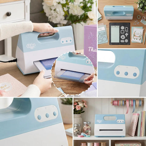 Electric Automatic A4 Die Cutting And Embossing Machine With Complete Accessory Kit in use for cardmaking craft projects.