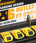Power Tool Organizer Wall Mount With 3 Layer Charging Station 6 Outlets 4 Drill Holders And Drill Bit Rack Hooks And Adjustable Shelves for Garage Workbench and Workshop showing charging station with 6 yellow power adapters