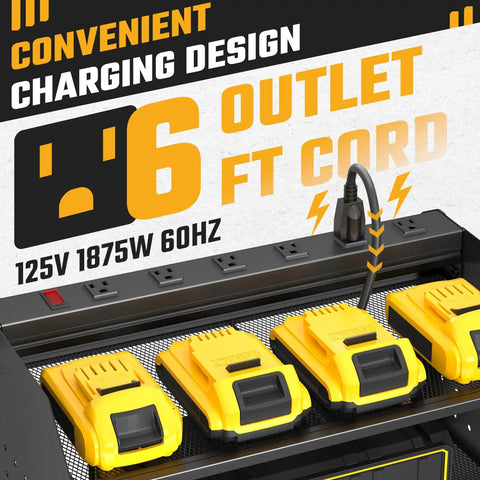 Power Tool Organizer Wall Mount With 3 Layer Charging Station 6 Outlets 4 Drill Holders And Drill Bit Rack Hooks And Adjustable Shelves for Garage Workbench and Workshop showing charging station with 6 yellow power adapters