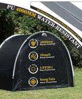 Outdoor Bike Storage Shed Tent With 210D Oxford Fabric PU4000 Waterproof Coating and durability features in garden setting