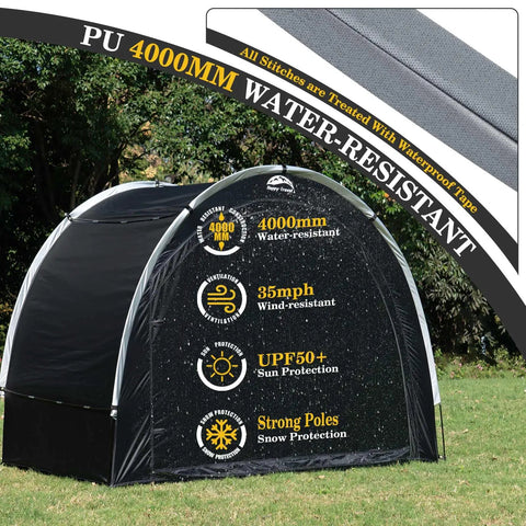 Outdoor Bike Storage Shed Tent With 210D Oxford Fabric PU4000 Waterproof Coating and durability features in garden setting