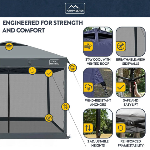 10x10 Pop Up Canopy Tent With Screen Walls, Waterproof Portable Shade, features like vented roof and adjustable heights, dark grey.