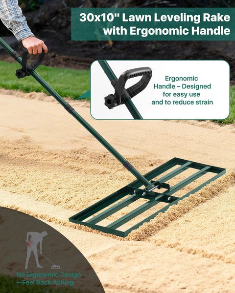 Stainless Steel Lawn Leveling Rake With Adjustable Handle For Smoothing Soil And Topsoil 30x10 Or 45x10 Ground Plate