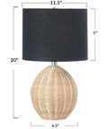 Boho Woven Rattan Table Lamp With Black Linen Shade In Natural Finish, Rotary Switch, 60W Max, 11.5 Inch Square Base, 20 Inch Tall