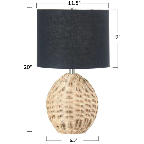 Boho Woven Rattan Table Lamp With Black Linen Shade In Natural Finish, Rotary Switch, 60W Max, 11.5 Inch Square Base, 20 Inch Tall