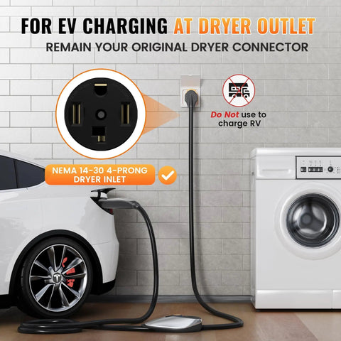 Heavy Duty NEMA 14 30P To 14 50R Level 2 EV Charger Adapter Fits Tesla Cars, showing the dryer outlet and plug connection.