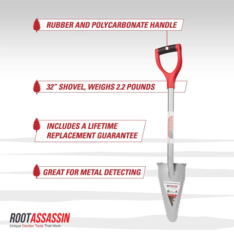 32 Inch Serrated Garden Shovel And Saw Combo with rubber handle, ideal for slashing roots and heavy duty yard work.