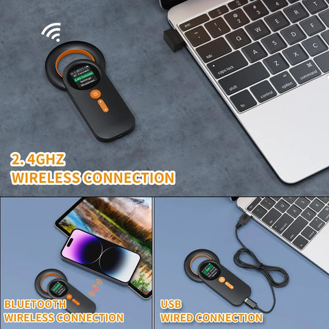 Pet Microchip And RFID Scanner With 1.44 Inch Color Display connected via USB and Bluetooth to devices, with 2.4G wireless.