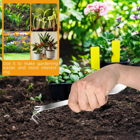 Hand using Three Prong Root Rake For Gardening Stainless Steel Easy To Use Soil Loosener Tool Set For Bonsai And Plants Durable Corrosion Resistant Rake Great For Roots And Soil Aeration For Plant Nerds