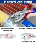 Image of 8-inch groove joint pliers in use, part of 4-Piece Pliers Set With Locking Pliers, Slip Joint Pliers, Groove Joint Pliers And Adjustable Wrench And Home Maintenance, Built Tough With Heat Treated Forged Steel And Nickel Finish, Corrosion Resistant Tools.