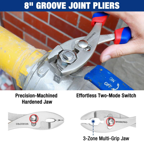 Image of 8-inch groove joint pliers in use, part of 4-Piece Pliers Set With Locking Pliers, Slip Joint Pliers, Groove Joint Pliers And Adjustable Wrench And Home Maintenance, Built Tough With Heat Treated Forged Steel And Nickel Finish, Corrosion Resistant Tools.