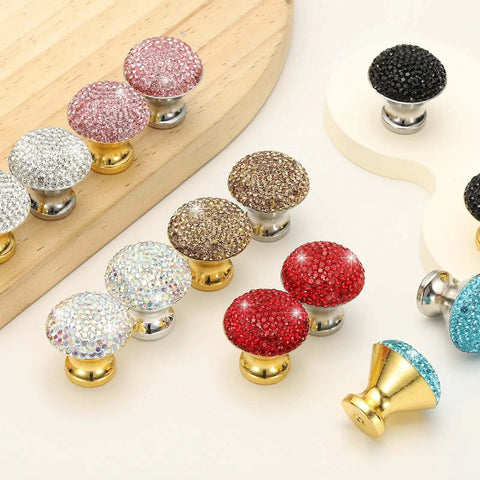Game Changing 4 Pack Round Rhinestone Drawer Knobs With Bling Crystal Toppers And Shiny Gold Hardware on display.