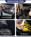 Installation steps for Car Trunk Organizer With Backseat Hanging Storage, showing buckle fastening and strap adjustment.