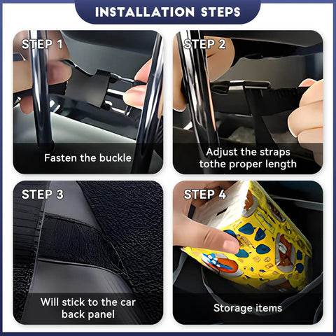 Installation steps for Car Trunk Organizer With Backseat Hanging Storage, showing buckle fastening and strap adjustment.