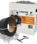 Top Notch Portable Strapping Kit With Half Inch Poly Banding Tool Three Thousand Feet Of Black Packing Seals Self Dispensing Box with strapping rolls and seals.