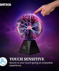 Hand touching 7 Inch Plasma Ball Lamp Touch And Sound Sensitive Electric Globe With Lightning Effects against starry background