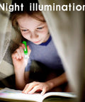 Child reading under blanket with green Pocket Sized LED Flashlights Pack Of 50 Ultra Compact 2.55 Inch Plastic Lights