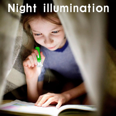Child reading under blanket with green Pocket Sized LED Flashlights Pack Of 50 Ultra Compact 2.55 Inch Plastic Lights