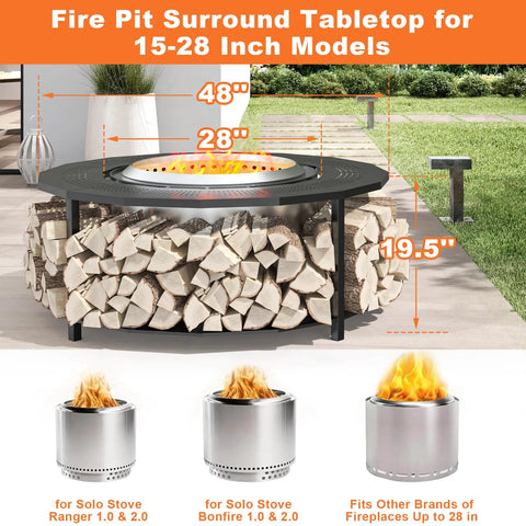 48 Inch Fire Pit Surround Tabletop With Cover For Yukon Bonfire And Ranger Pits, Tiki Compatible Smokeless Pits, firewood storage