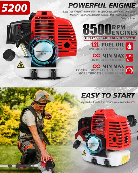 Beast 52cc Gas Weed Wacker Multi Tool With Heavy Duty Brush Cutter and Easy Start Feature in Garden Use
