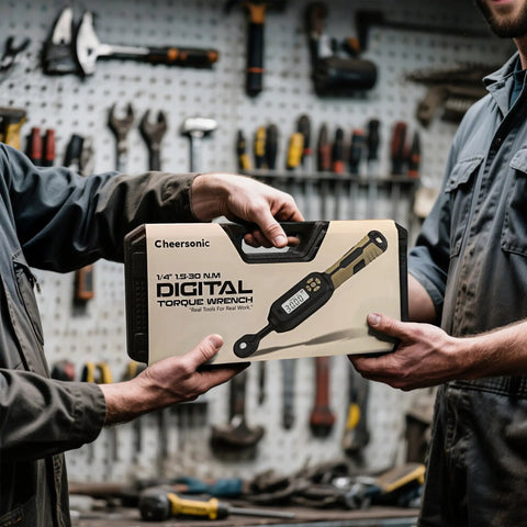 Two people holding packaging of Pro-Grade Digital Torque Wrench 1/4 Drive With LED Display And Buzzer in workshop