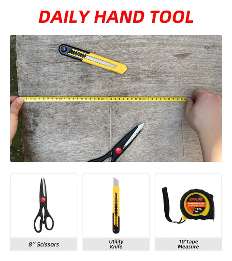 Measuring wood with tape from 40 Piece Home Tool Set With Plastic Toolbox Storage Case And Chrome Vanadium Hand Tools