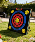 High Density XPE Foam Archery Target 20 Inch Square For Recurve And Compound Bow Practice in a backyard setup with scoring rings.