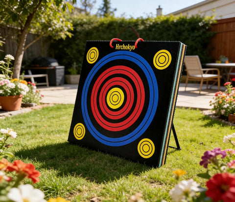 High Density XPE Foam Archery Target 20 Inch Square For Recurve And Compound Bow Practice in a backyard setup with scoring rings.