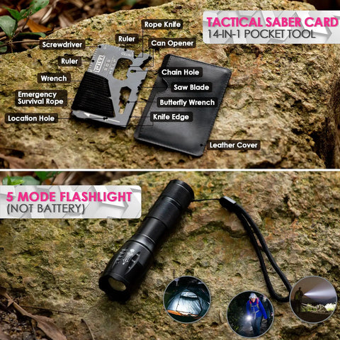 Tactical saber card and flashlight included in Emergency Survival Kit And First Aid Kit For Women With A Tactical MOLLE Pouch